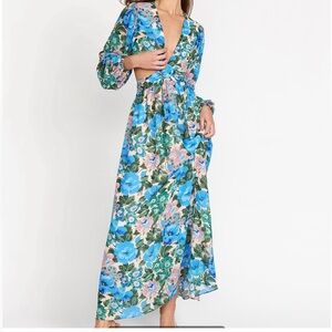 Lush Blue Floral Cut Out Long-sleeve Maxi Dress